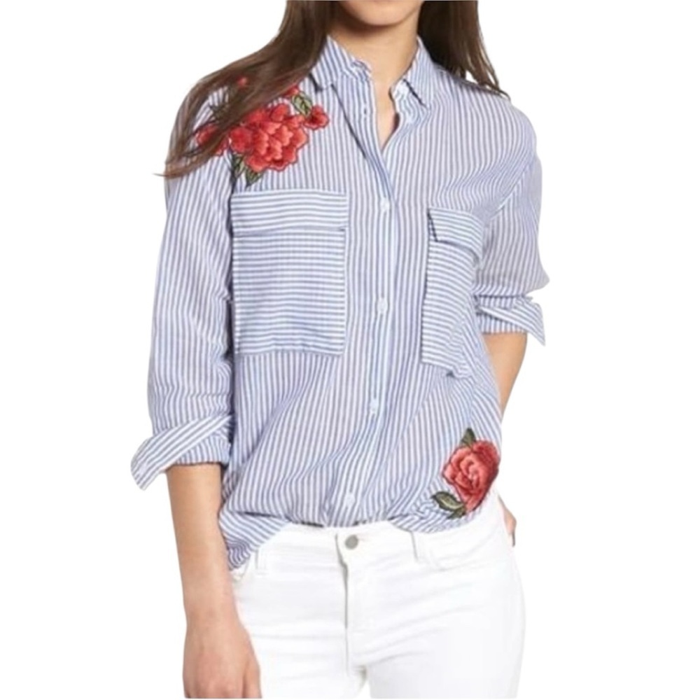 Rails Frances Striped Rose Embroidered Button Front Shirt